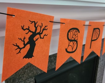 Felt Spooky Halloween Banner - (Choose 5 x 6.5 inch OR 3 x 4.5 inch version) Stiffened Felt - Spider Web  - Spooky Tree - Reusable!