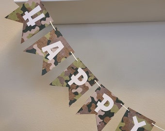 Personalized Camouflage Banner – Custom Camo Party Garland | Military - Birthday - Hunting Theme - Outdoor Celebration