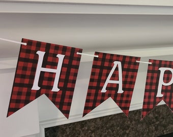 Plaid Happy Birthday Banner - Camping - Lumberjack - Flannel - Outdoors - Customize
