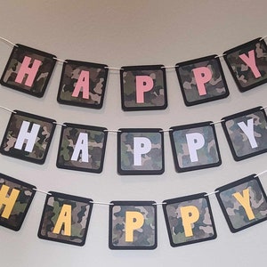 Camouflage Birthday Banner - Customize Wording - Military Camo - Celebrations - Pink, Yellow, White Font