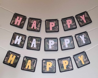 Camouflage Birthday Banner - Customize Wording - Military Camo - Celebrations - Pink, Yellow, White Font
