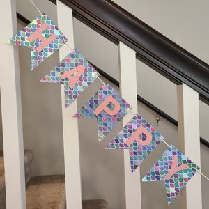 Mermaid Holographic Scales Birthday Banner, Custom Wording, Purple, Pink, Silver, Blue, Green, Happy Birthday Decor, Under the Sea Decor