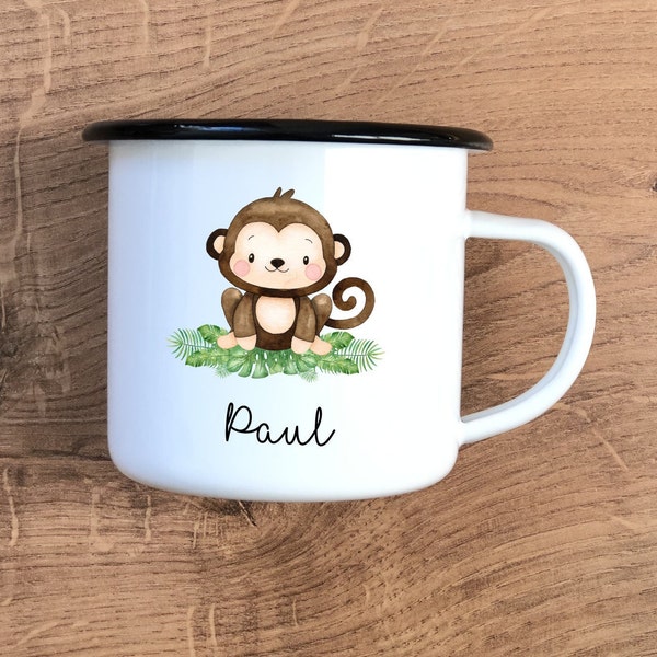 Emaille Tasse, Becher, personalisiert, Geschenk, Kind, Kindergartenkind, Schulkind, Tiere, Affe