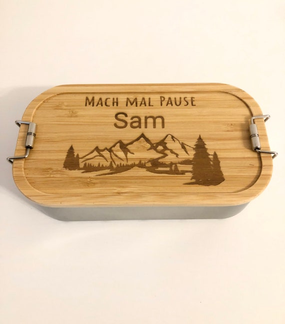 Lunchbox Brotdose personalisiert Vesperbox Vesperdose Bambus Name, mach mal Pause, Berge für Kinder und Erwachsene, graviert nachhaltig