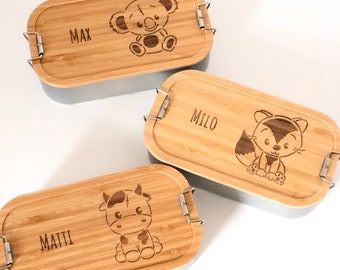 Lunchbox Brotdose personalisiert Kindergarten Vesperbox Vesperdose Bambus Name Tier Traktor für Kind / Kinder Brotbox graviert nachhaltig