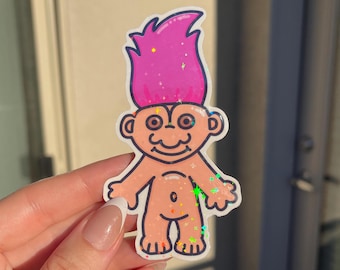 Holographic Troll Doll Sticker! Hand made and Hand Drawn, Pink, Green, Or Blue! 90's Kid or Millennial gift!