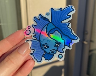 Holographic Beta Fish Sticker! Hand Drawn, Hand Made, Clear Lamination on Holographic Sticker Paper!
