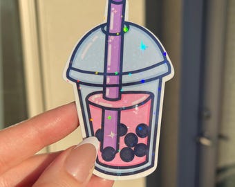Holographic Boba Tea Sticker! Hand made, Hand Drawn Laminated Sticker with Easy Peel Slit on Back