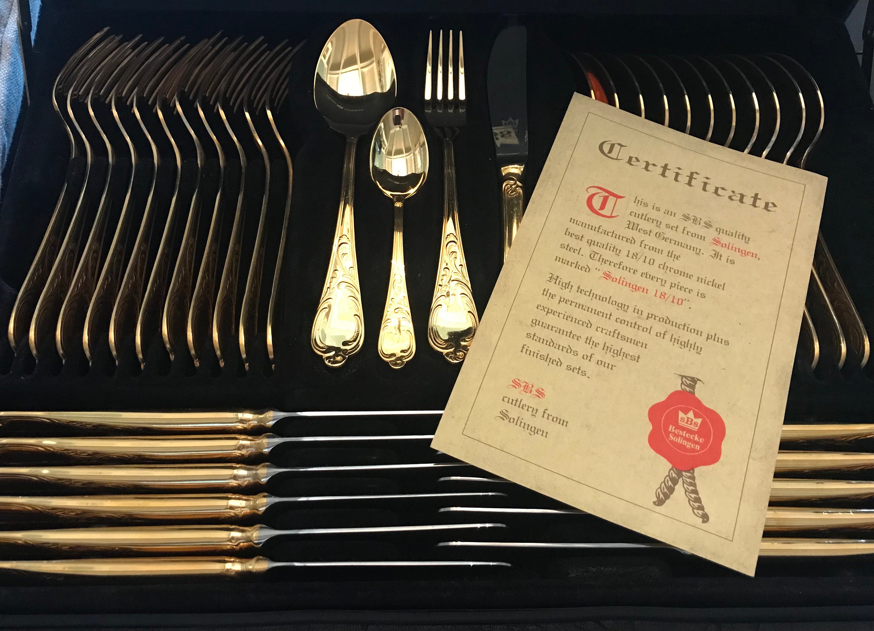 Vintage 72 Piece SBS 18/10 BESTECKE SOLINGEN 23/24 Gold Plated