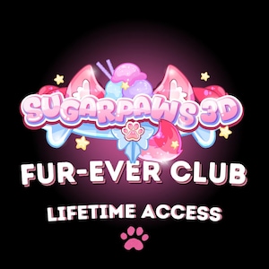 May include: A logo with the text "Sugarpaws 3D" in a bubble font, featuring pink and blue accents, a paw print, and the words "Fur-Ever Club" and "Lifetime Access". The background is black.