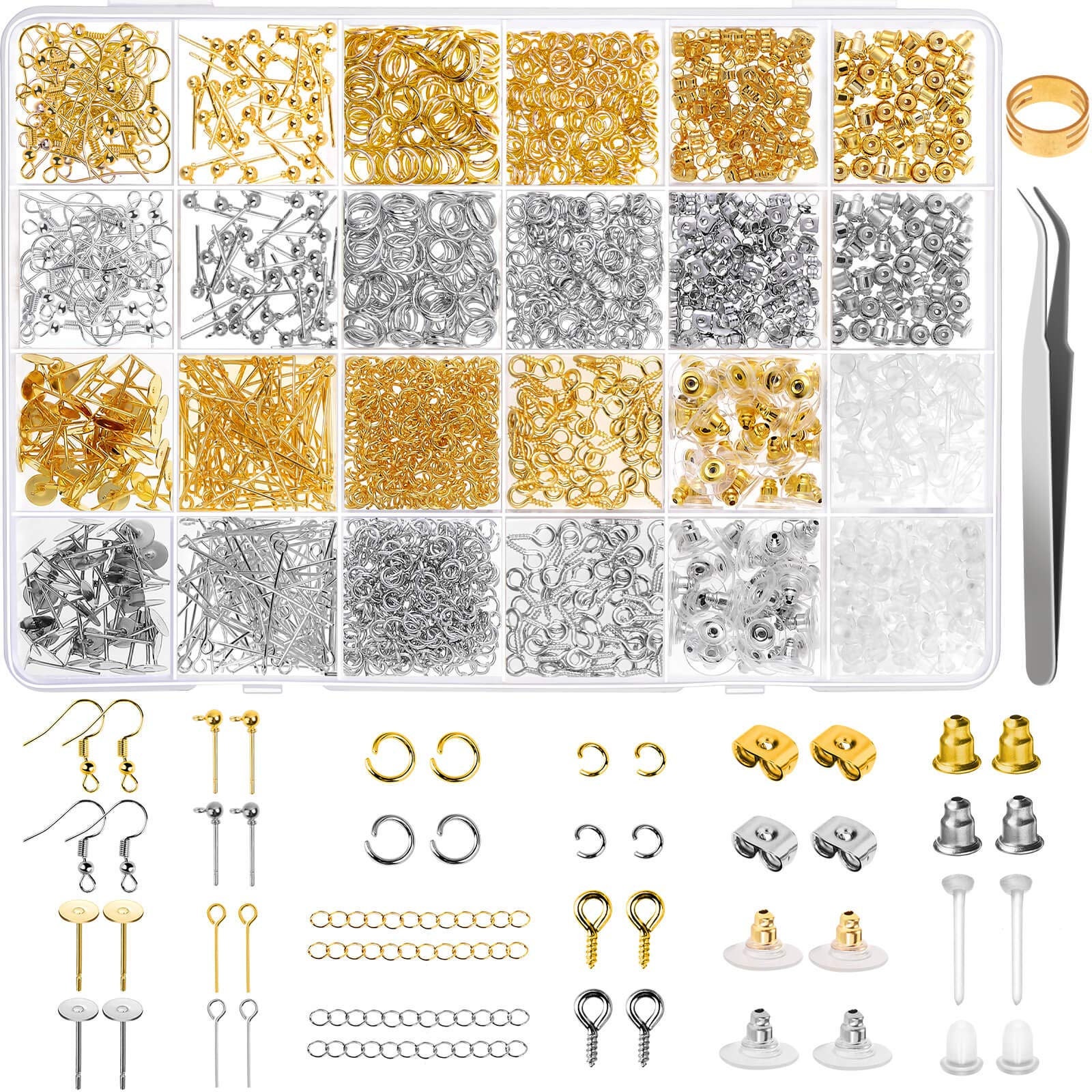 Earring Making Kit, 2900pcs Earring Hardware Pieces Repair Parts Earring  Hooks Posts Backs Jewelry Making silver & Gold by Fablise Craft 