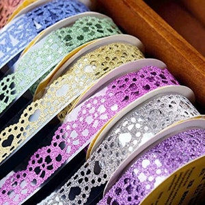 Lace Pattern Glitter Bling Self-Adhesive Tape, Diamond Washi Tape Masking DIY Scrapbooking Lace Sticker 6 Roll Color Random by Fablise Craft