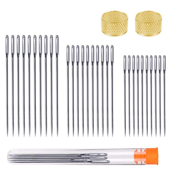 Large Eye Stitching Needles - 3 Sizes Stitching Needles 2PCS Thimble, Big Eye Hand Sewing e Storage Tube, 30 PCS  by Fablise Craft