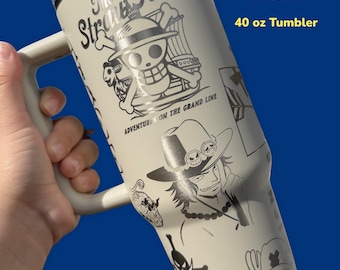 Anime Pirate Adventure Laser Engraved 40 oz Tumbler | Straw Hat Engraved Insulated Cup | Full Wrap Design