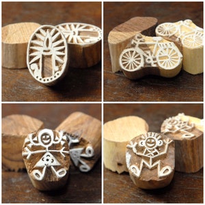 Wood Block for Printing, Hand Carved Indian Stamp, Candle, Bike, Girl, Boy