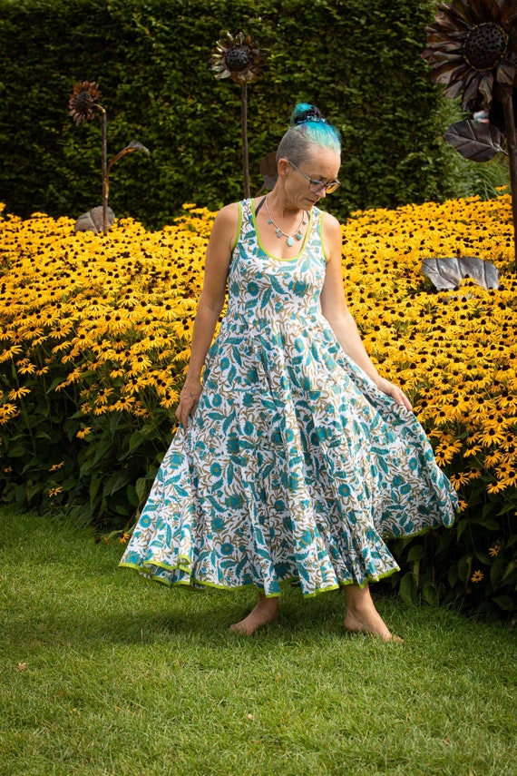 cotton bias cut dress Teal Linen Cotton A-Line Dress Pockets Bias Cut Engayla