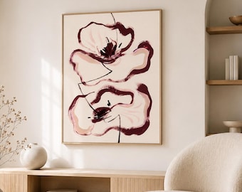 Burgundy Floral Line Art Print, Modern Botanical Canvas (Digital Download)