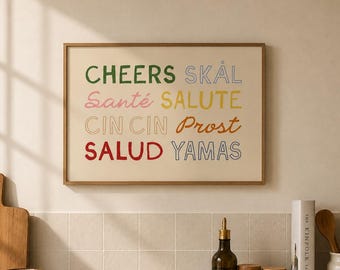 Cheers in Different Languages Print, Bar Cart Decor, Kitchen Wall Art, Multilingual Toast Poster, Dining Room Typography Print, Digital