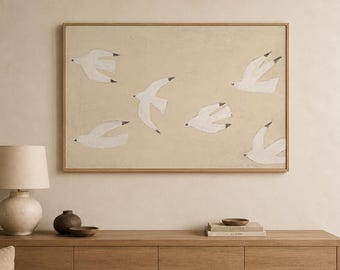 Neutral Flying Bird Wall Art, Minimalist Coastal Flock Print (Digital Download)