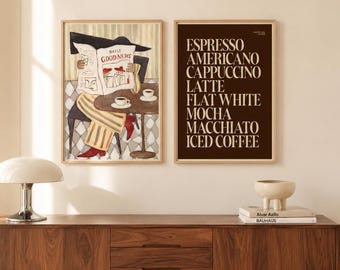 Coffee Wall Art Set of 2, Espresso Menu Print, Cafe Wall Decor, Vintage Coffee Poster, Kitchen Wall Art, Coffee Station Decor, Coffee Poster