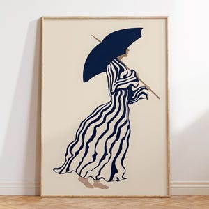 Abstract Woman Print: Navy Blue Stripes, Minimalist Art (Digital Download)