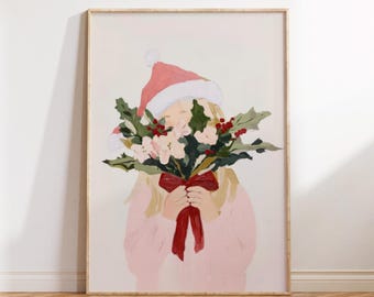 Abstract Christmas Wall Art, Girl with Flowers (Digital Download)