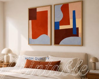Abstract Geometric Wall Art Set, Mid Century Modern Terracotta Blue Print (Digital Download)