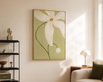 Sage Green Abstract Floral Botanical Print, White Bloom Art (Digital Download)
