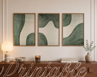 Triptych Green Abstract Art Print Textured Wall Art Gallery Wall Set Line Art Print Above Bed Art Set of 3 Wall Art Digital Download