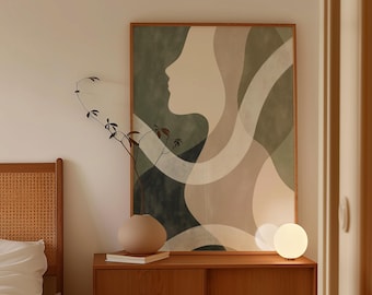 Abstract Woman Silhouette Art Print, Minimalist Beige & Green (Digital Download)
