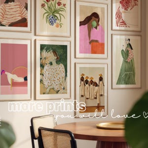May include: A collection of framed art prints displayed on a wall. The prints feature various illustrations with a focus on figures, florals, and abstract designs. The text "more prints you will love" is visible.