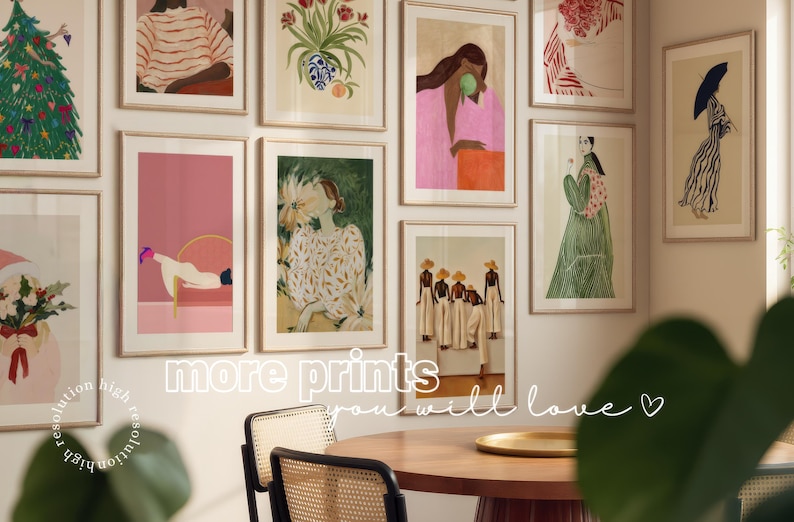 May include: A collection of framed art prints displayed on a wall. The prints feature various illustrations with a focus on figures, florals, and abstract designs. The text "more prints you will love" is visible.
