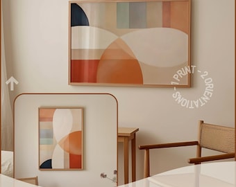 Puede incluir: Dos impresiones artísticas abstractas enmarcadas con formas geométricas en tonos cálidos de naranja, beige y azul. Las impresiones se exhiben en una pared de color claro. El texto "PRINT - 2 ORIENTATIONS" es visible en la pared. El texto "Optimized for both vertical and horizontal frames" también es visible.