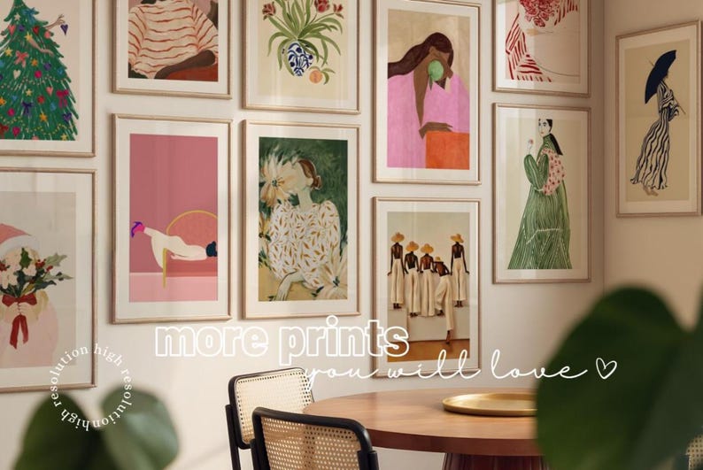 May include: A selection of framed art prints on a wall, showcasing diverse illustrations. The prints feature figures, floral arrangements, and abstract designs in a palette of pinks, greens, and neutral tones. The text "more prints you will love" is visible.