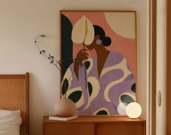 Abstract Black Woman Print, Feminine Floral Art, Minimalist Lavender Figure (Digital Download)