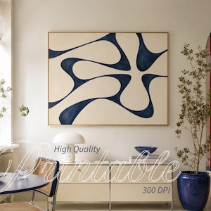 May include: Abstract art print featuring navy blue, flowing shapes on a cream background, framed in a light wood. The word "Printable" is overlaid on the image, along with "High Quality" and "300 DPI".