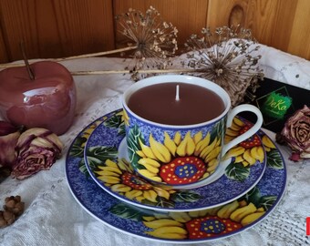 Candle in cup set in different colors and designs with saucer / saucer plate and cake plate