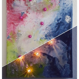 Canvas "Star Nebula" 50 x 70 cm Acrylic, newspaper, silver leaf, light in pink balls