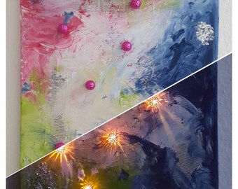 Canvas "Star Nebula" 50 x 70 cm Acrylic, newspaper, silver leaf, light in pink balls