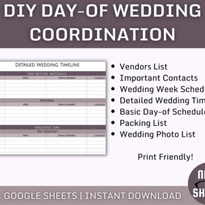 Könnte beinhalten: Eine druckbare Checkliste für die Koordinierung des Hochzeitstages im Google Sheets-Format. Die Checkliste enthält Abschnitte für den Tag vor der Hochzeit, die Probe und die Vorzeremonie am Hochzeitstag. Sie enthält auch eine Liste von Elementen, die in die Checkliste aufgenommen werden sollen, wie z. B. Anbieter, wichtige Kontakte, Hochzeitsplan für die Woche, detaillierter Hochzeitsplan, grundlegender Tagesplan, Packliste und Hochzeitsfotoliste. Die Checkliste ist mit "Druckfreundlich!" gekennzeichnet und steht zum sofortigen Download bereit.