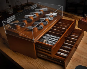 Showcase Your Knives with The Armada – Handcrafted Pocket Knife Display Case with 2 Huge Drawers – 40 to 50 Knives – Lifetime Warranty