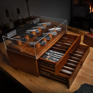 Showcase Your Knives with The Armada Handcrafted Pocket Knife Display Case with 2 Huge Drawers 40 to 50 Knives Lifetime Warranty Walnut