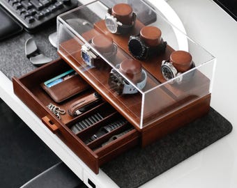 Exhiba y proteja su colección: estuche para 5 relojes hecho a mano con cajón, caja de madera forrada en cuero para relojes de hombre - Regalo perfecto