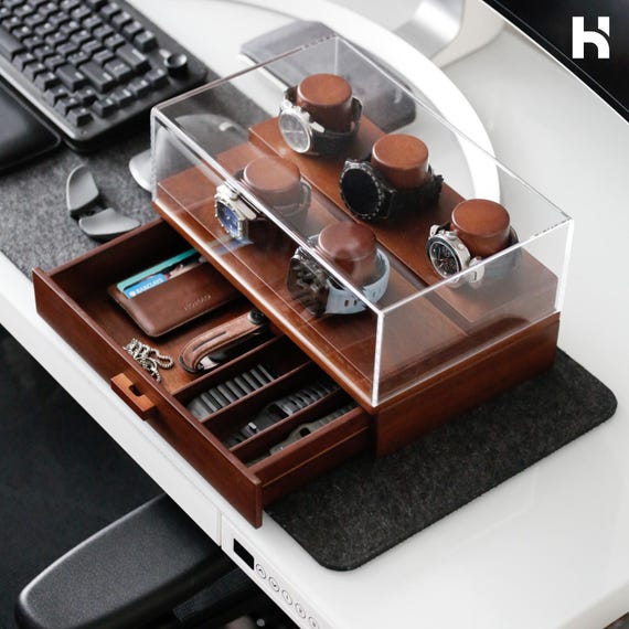 Wooden Watch Display Case: Handcrafted Organizer with Acrylic Lid