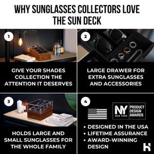 May include: A wooden sunglasses storage case with a clear acrylic lid, featuring multiple compartments for eyewear. The display includes text highlighting features like a large accessory drawer, capacity for various sizes, and a New York Product Design Award.
