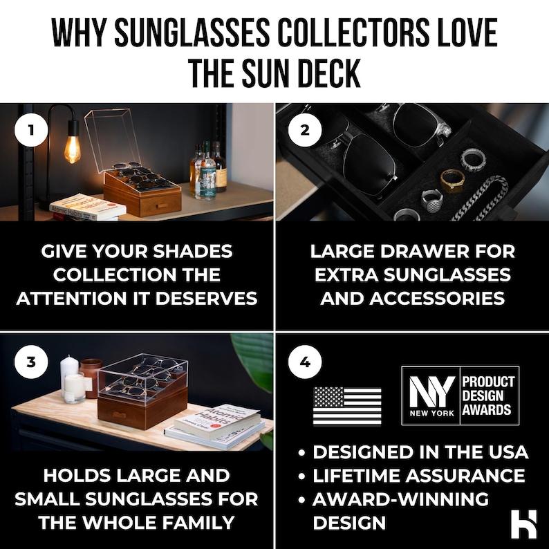 May include: A wooden sunglasses storage case with a clear acrylic lid, featuring multiple compartments for eyewear. The display includes text highlighting features like a large accessory drawer, capacity for various sizes, and a New York Product Design Award.