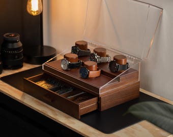 Wooden Watch Display Case: Handcrafted Organizer with Acrylic Lid