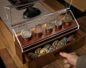 Premium Challenge Coin Display Case – Handcrafted Wooden Military Coin Holder – Perfect Birthday Gift for Men