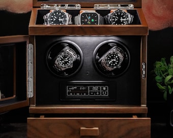 Luxury Automatic Watch Winder for 2 Watches + 3 Display | Silent Japanese Motor | Walnut or Black Finish | Premium Storage Drawer & LED