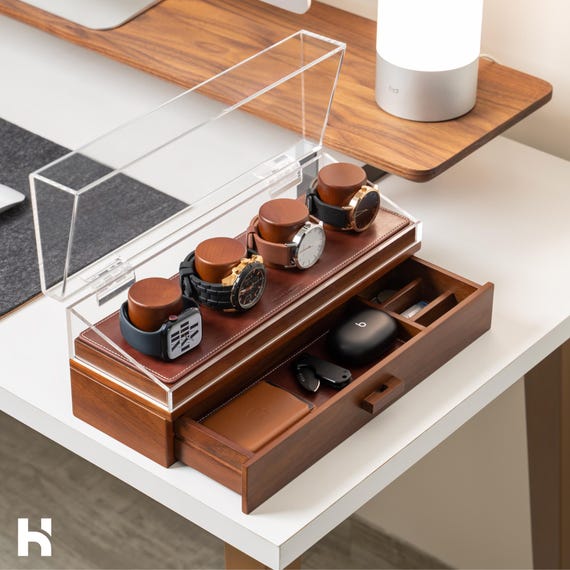 Wooden Watch Display Case: Hinged Acrylic Lid & Accessory Drawer